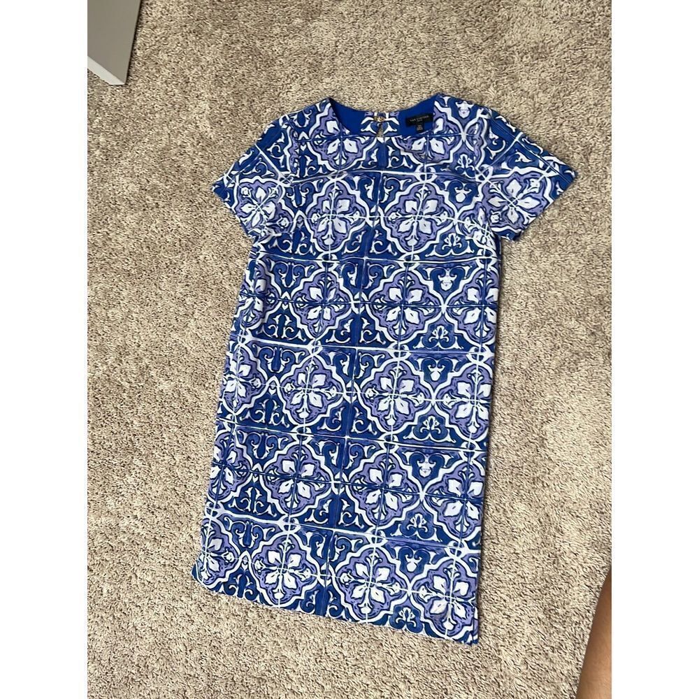 The Limited Round Neck Blue Geometric Print Cap Sleeve Mini Sheath Dress XS